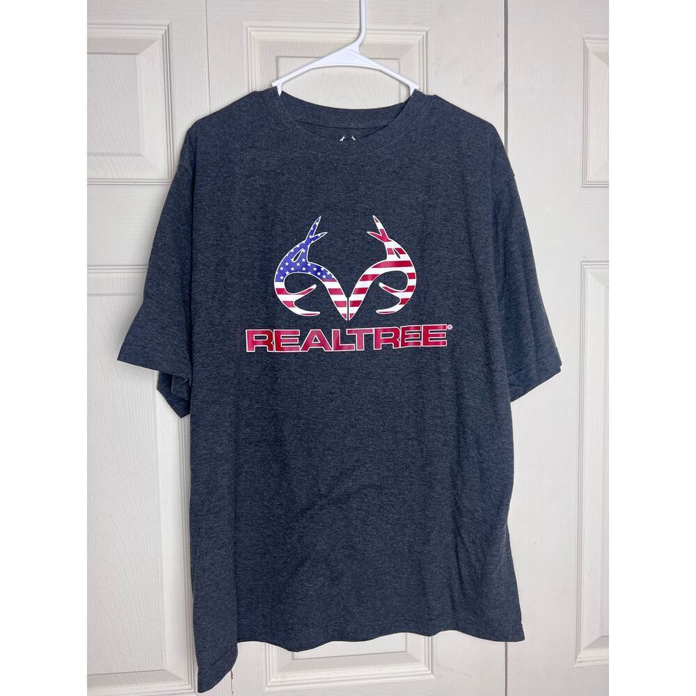 Real Tree Men's Short Sleeve Crew Neck T-Shirt American Flag Antlers Size XL